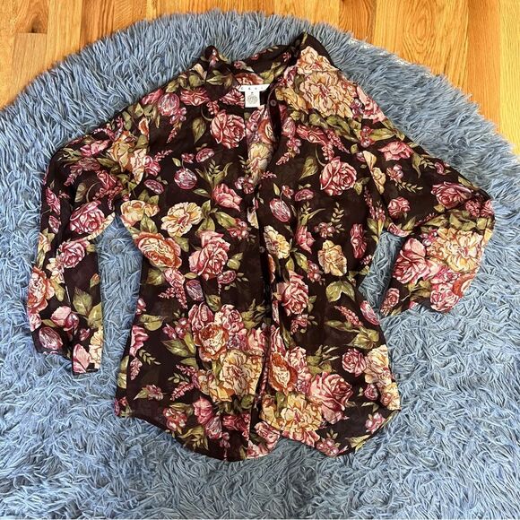 CAbi Sheer Silk Floral Pintucked Velvet Buttoned Shirt Brown Size M - Picture 2 of 7